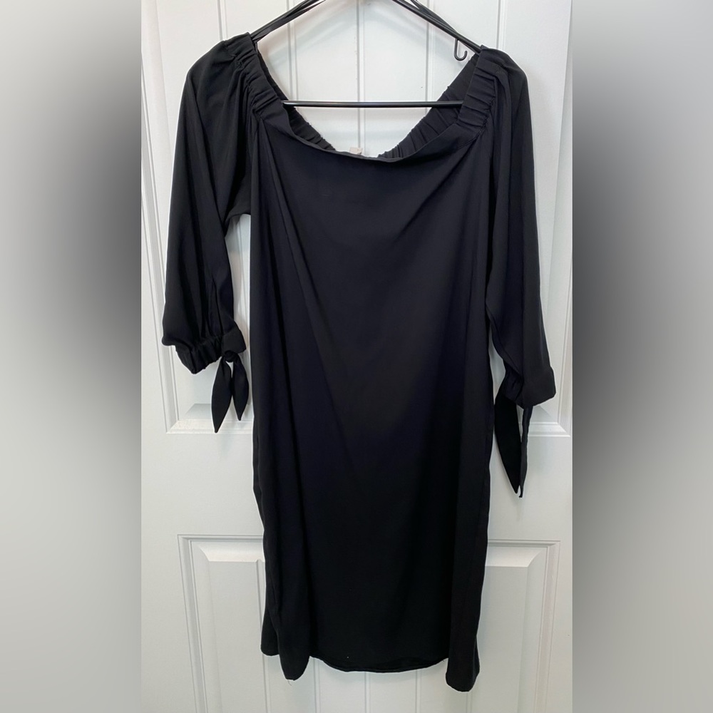 Loft off the shoulder Black Dress with 3/4 tie sleeves. Size Small.